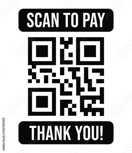 Minimalist black and white QR code grid centered, labeled "SCAN TO PAY" above and "THANK YOU!" below in bold sans-serif. High-contrast, functional payment graphic.