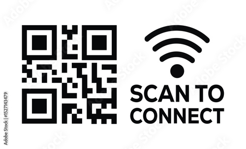 Simple graphic with bold QR code, WiFi symbol, and "SCAN TO CONNECT" text. Clearly instructs viewers to scan for network access. Clean, modern design.