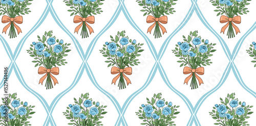 Coquette grandmillennial seamless pattern with gentle flowers and bow, ribbon. Soft blue cottagecore trellis print. Vector floral wallpaper, retro repeat background, textile design, vintage paper