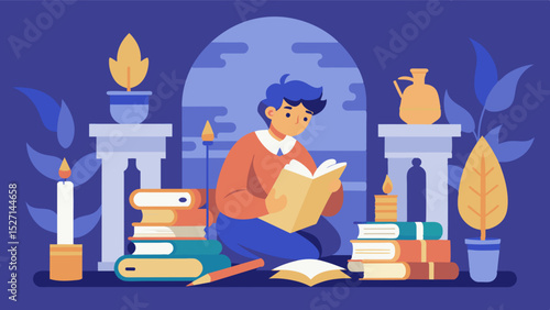 In a secluded corner of the temple a freelance writer sat amidst piles of scrolls and ancient books searching for inspiration for their latest article.. Vector illustration