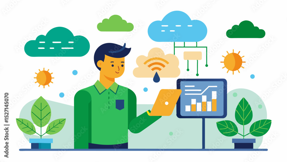 Naklejka premium An AIpowered weather forecasting system provides accurate and timely predictions for farmers helping them make informed decisions about crop planting harvesting and protection.. Vector illustration