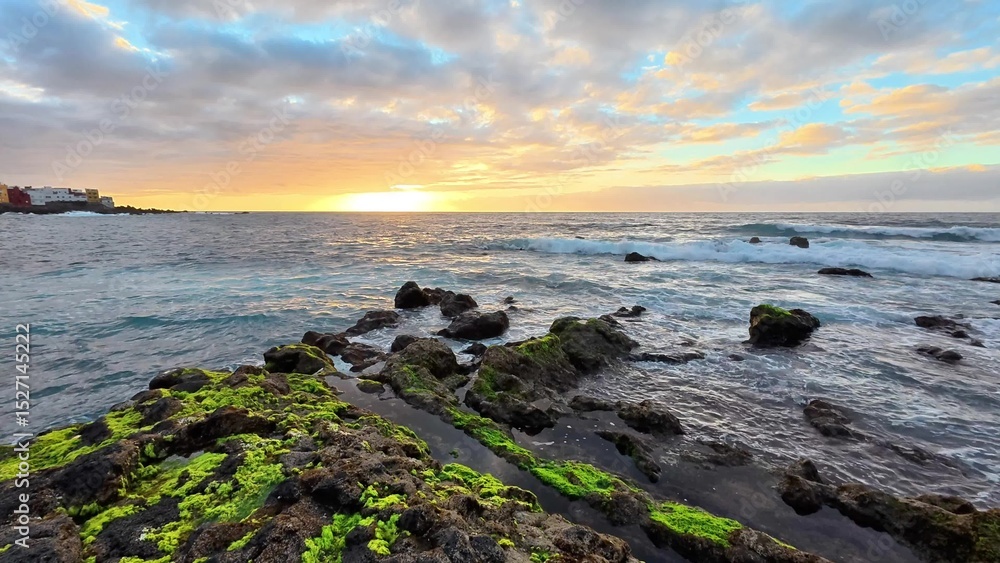 Obraz premium Experience the stunning coastal sunrise over the picturesque rocky shoreline this morning