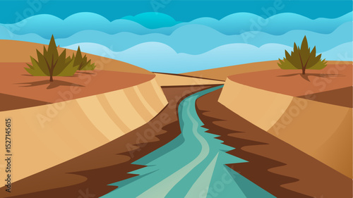 A lifeless canal its once flowing waters now rep by layers of parched mud.. Vector illustration