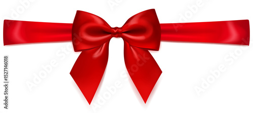 A vibrant vector illustration with beautiful large red shiny bow with horizontal ribbon and soft shadow on white background, perfect for gift wrapping or decorative purposes.