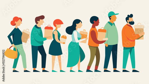 A line of people stretching around the block waiting to exchange their ration coupons for a meager amount of bread and milk.. Vector illustration