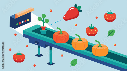 As vegetables move along a conveyor belt laser sensors scan and sort them based on external and internal properties preventing the distribution of damaged or defective produce.. Vector illustration