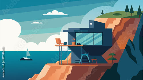 The freelancers secluded cliffside studio offers panoramic views of the endless ocean providing the perfect inspiration for their creative projects.. Vector illustration