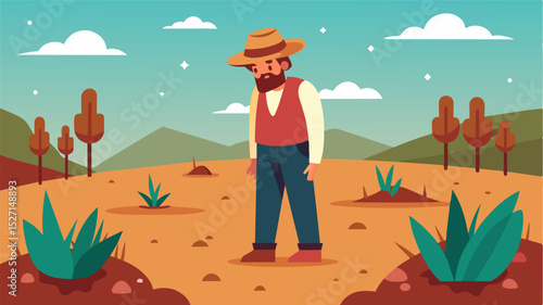 A farmer stands in defeat watching helplessly as his hard work and sweat turn to waste his fields now a sea of rotting crops.. Vector illustration