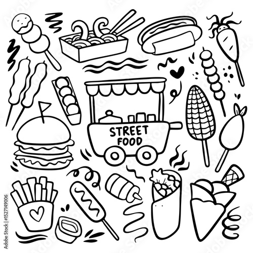 Set of Delicious Street Food Doodle Vector Illustration 