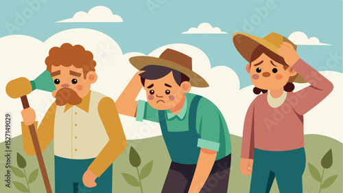 A group of tired and wornout farmers wiping sweat from their brows as they try to salvage whats left of their withering crops.. Vector illustration