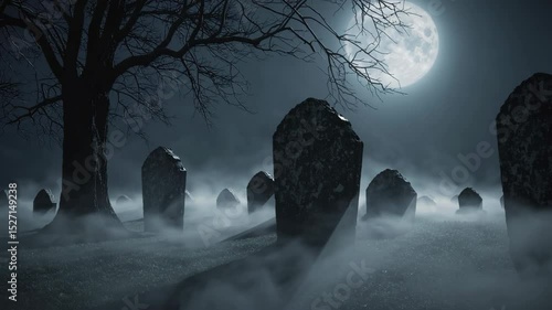 spooky background of a haunted graveyard at night, with old tombstones, fog, and a full moon