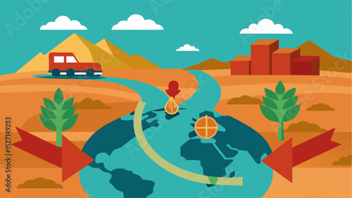 A depiction of traditionally fertile land now turned into a desert with arrows pointing to adjacent countries where food is being imported due to sanctions impacting local. Vector illustration