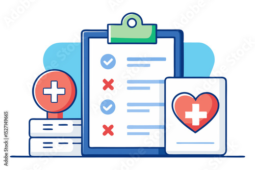 A vibrant flat illustration shows a clipboard with a checklist, a medical cross icon, and a document featuring a heart with a cross, all symbolizing health and medical documentation.