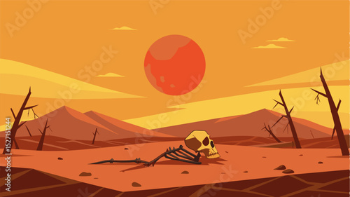 A skeletal frame lies in the barren field stark against the backdrop of a blazing sun a haunting symbol of the unforgiving conditions that have left this land void of life.. Vector illustration