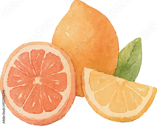 Watercolor Grapefruit Illustration – Hand Painted Citrus Fruit Clipart on White Background | Generative AI