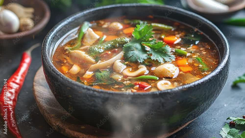 Kaeng liang thai or spicy vegetable soup with smoke around Kaeng liang thai or spicy vegetable soup with smoke around