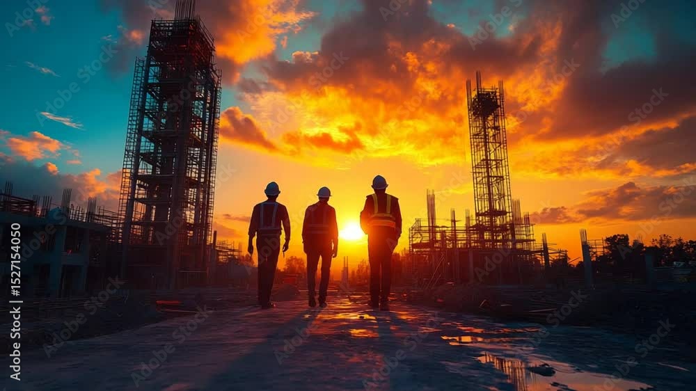 Construction workers walking at sunset near site Construction workers walking at sunset near site