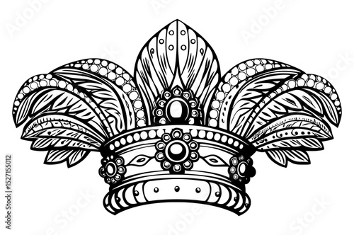 A highly detailed, black and white woodcut-style illustration of an ornate crown or tiara, adorned with jewels and elaborate plumes.