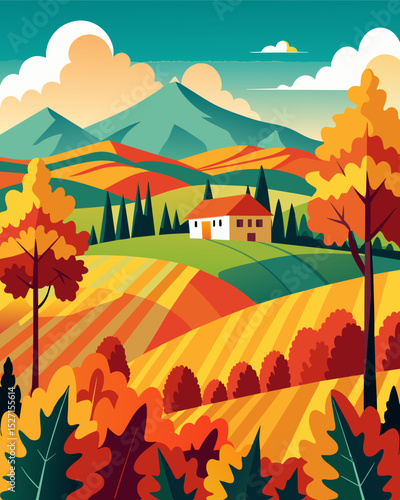 The bright colors of autumn leaves accentuate the lush green of the vineyard providing a picturesque scene for remote workers to enjoy.. Vector illustration
