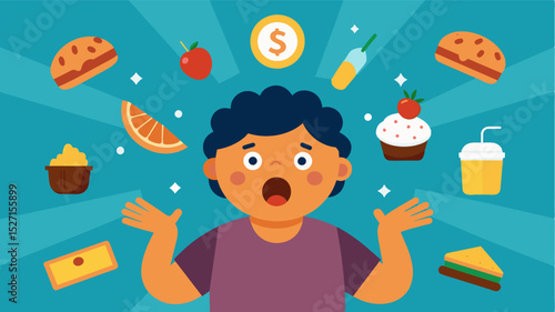 A cartoon image of a person with a shocked expression surrounded by different food items with dollar signs popping out of them representing the monetary impact of rising grocery. Vector illustration