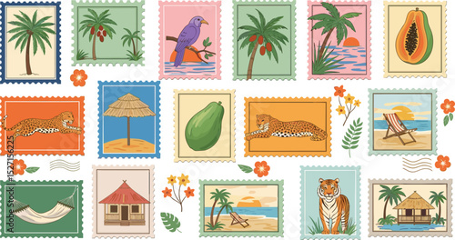 Tropical stamps seamless pattern. Vacation background. Cute travel framed pictures. Vector patchwork print.