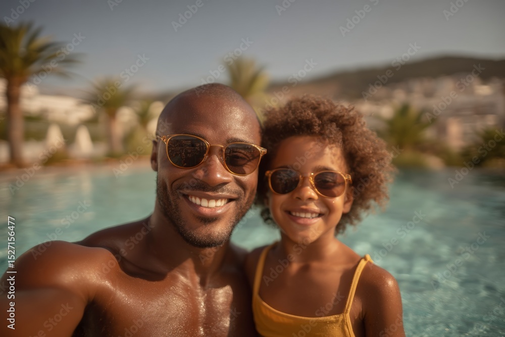 Obraz premium Happy Black Father and Daughter Poolside Summer Vacation Selfie