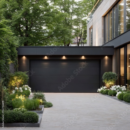 Modern Home Garage  Driveway  Landscape Design   Stylish Exterior  Beige Paving  Dark Gray