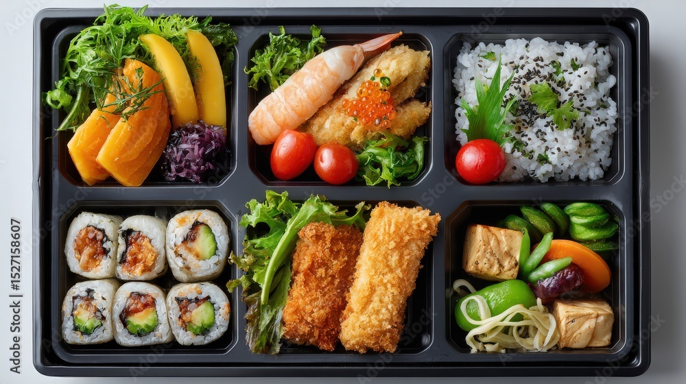a bento box with compartments filled with sushi a bento box with compartments filled with sushi