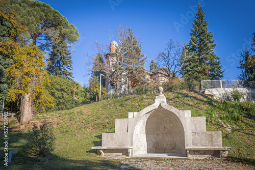 Rafut Public Town Park and the Villa (1908-1914) on the Rafut hill in the background by architect Anton Lascak, Nova Gorica - Gorizia, European Capital of Culture 2025, Europe