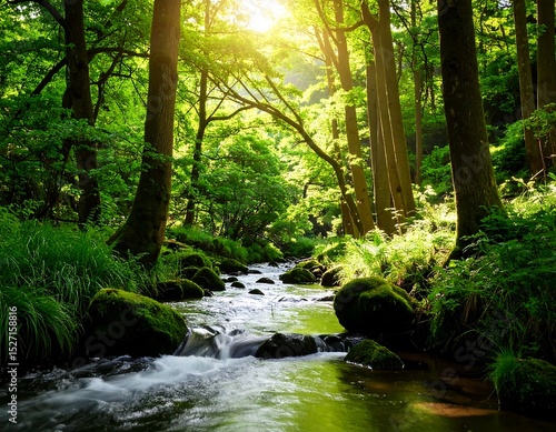 Lush forest stream scene