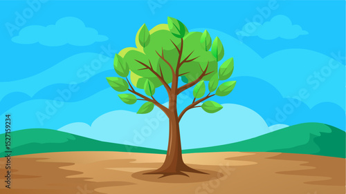 Amid the lifeless field the lone trees vibrant green leaves provide a glimmer of hope for rejuvenation.. Vector illustration