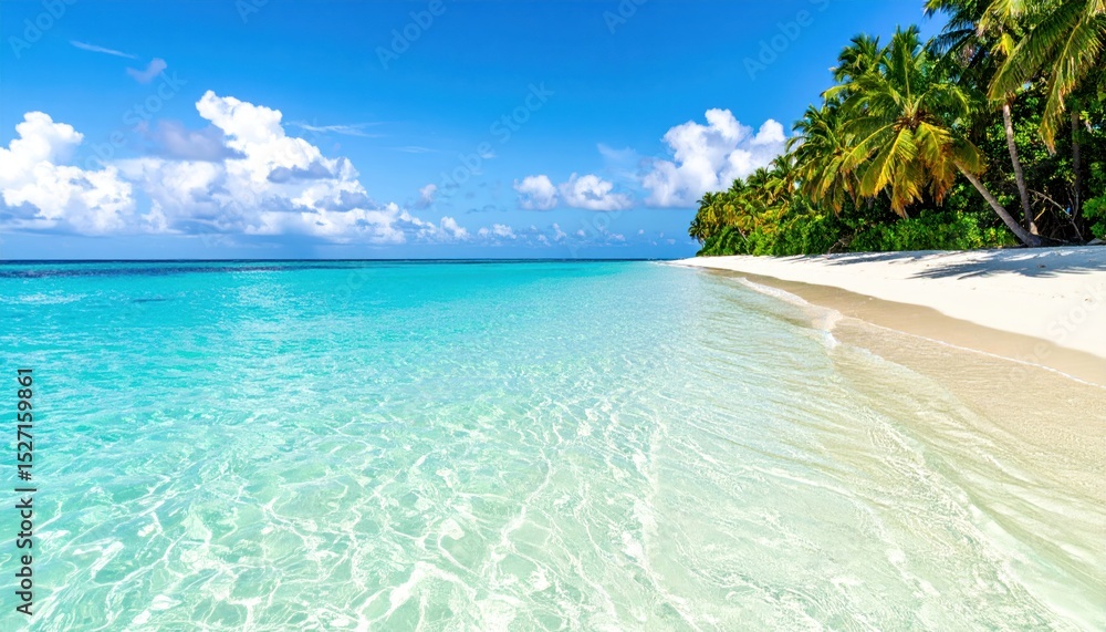 Fototapeta premium Pristine beach scene with turquoise water and palm trees. Tranquil tropical paradise. Vast expanse of white sand meets crystal-clear water under a vibrant blue sky