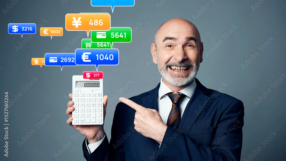 A middle-aged Caucasian man holding a calculator and financial concept visuals A middle-aged Caucasian man holding a calculator and financial concept visuals