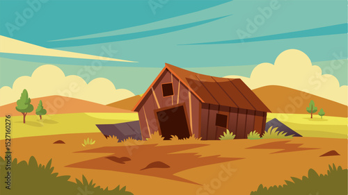 A collapsed barn surrounded by fields once filled with crops now lays barren and forgotten a poignant symbol of the decline of farming in the modern age.. Vector illustration