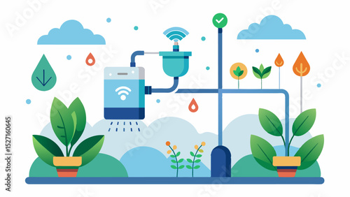 A smart irrigation system that uses realtime weather data and moisture sensors to deliver water directly to the roots of plants minimizing water waste.. Vector illustration