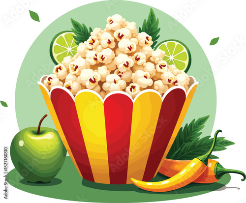 Popcorn bowl with apple lime and pepper illustration for food blog and recipe website and social media use