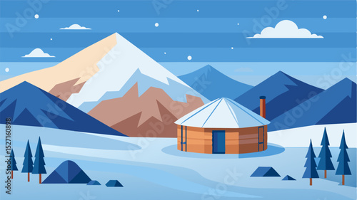Far from the hustle and bustle of the city a yurt in a serene snowy setting offers the perfect location for a winter work retreat.. Vector illustration