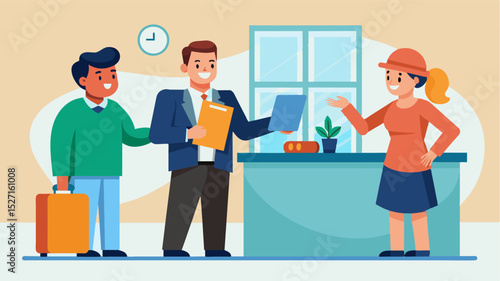 The front desk clerk politely greets guests as they check in providing them with a map of the resort and suggesting activities to make the most of their stay.. Vector illustration