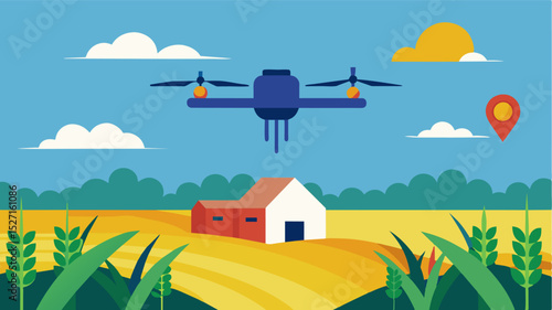 An AIpowered drone flies over a farm collecting data on crop health and yield potential to input into the harvest prediction model.. Vector illustration