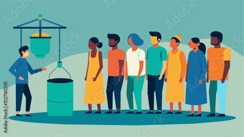 A line of people gathers in front of the well hoping to get their share of the limited water supply for the day.. Vector illustration