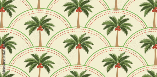 Tropical palm trees, parrot on the black polka dot background. Hand drawn geometric summer vacation seamless pattern. Vector jungle textile design, background, print. 