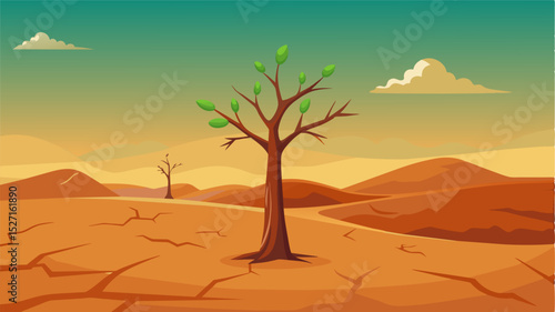 A vast and barren wasteland where a lone sapling stands tall representing the potential for growth and regeneration in the face of environmental degradation.. Vector illustration