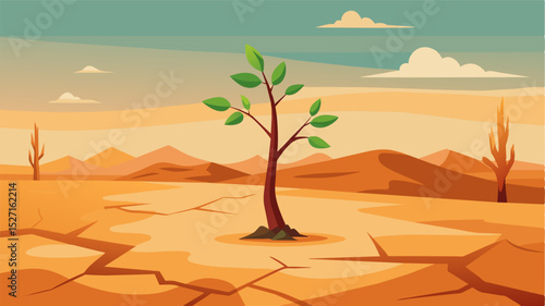A desolate landscape ravaged by drought and heat waves where a single plant struggles to survive representing the dire effects of human actions on the environment.. Vector illustration