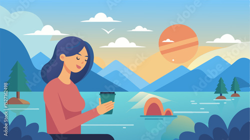 In the early morning hours a social media manager enjoys the rise of the sun over a misty lake as she goes through her morning routine on her phone.. Vector illustration