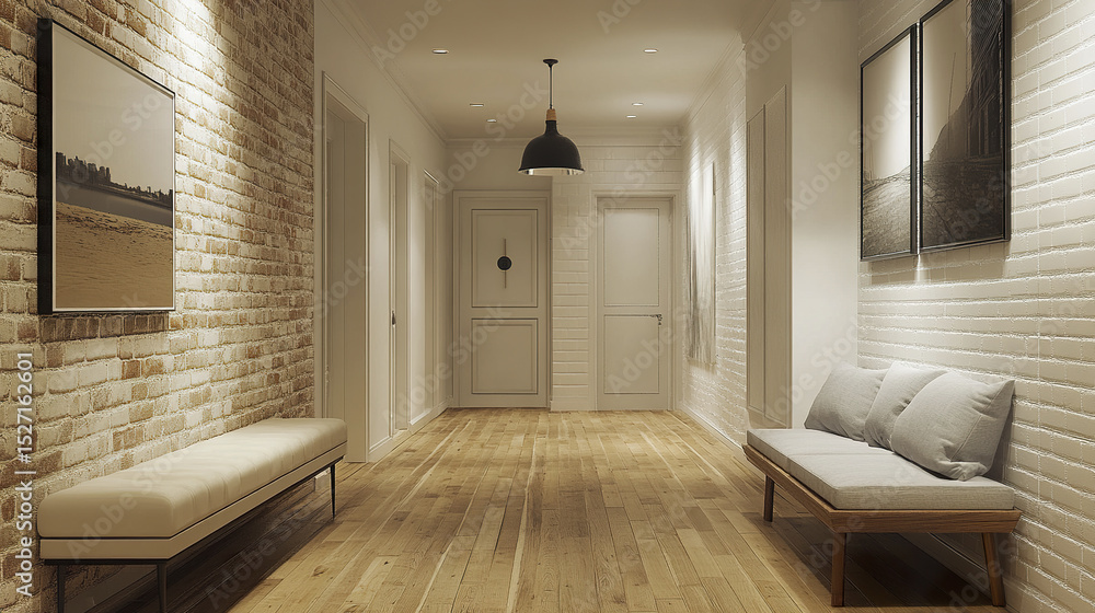 Fototapeta premium Modern hallway with wooden flooring, white walls, and stylish seating area