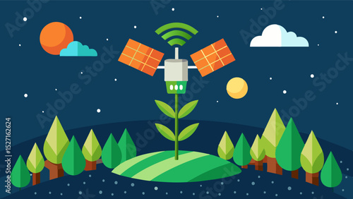 A satellite imaging system that can detect nutrient deficiencies in crops from space allowing for prompt and accurate nutrient delivery to remote locations.. Vector illustration