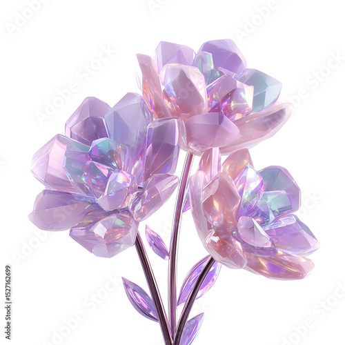 A captivating arrangement of delicate translucent flowers in shimmering shades of pink and purple creating a surreal and ethereal composition against a clean white background