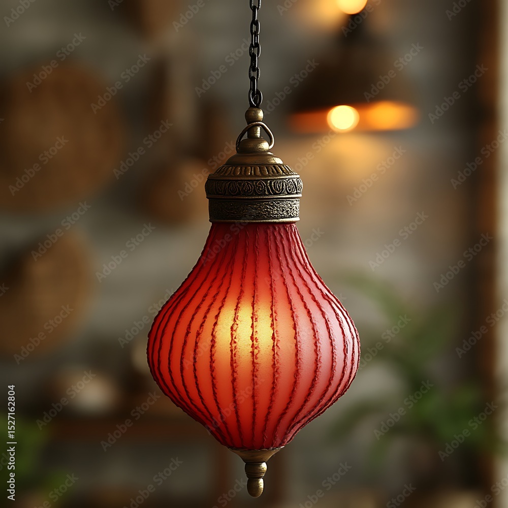 Obraz premium Rustic, warm-toned pendant lamp with a ribbed, deep crimson glass shade