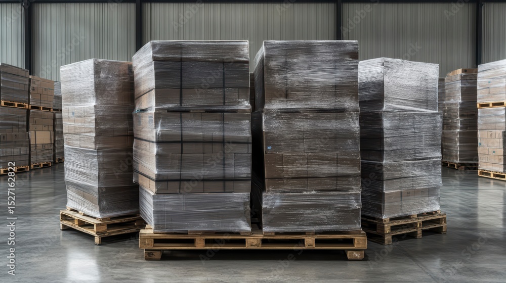 Pallets of shrink-wrapped cardboard boxes in a large warehouse. Pallets of shrink-wrapped cardboard boxes in a large warehouse.