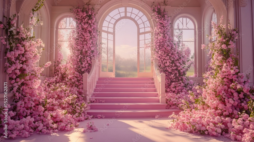Obraz premium Pink floral display cascading down a grand staircase.